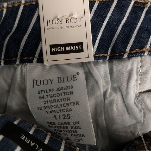 NWT Judy Blue Super Flare Ultra High Rise Jeans 1/25 Striped Blue Raw Hem Bell - Picture 12 of 12